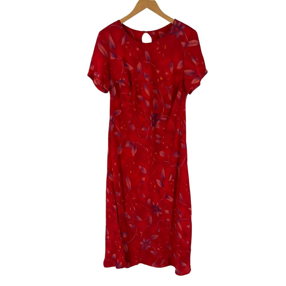 90s Vintage Gabrielle Maxi Dress Red 16 Floral Short Sleeve Keyhole Back Flowy